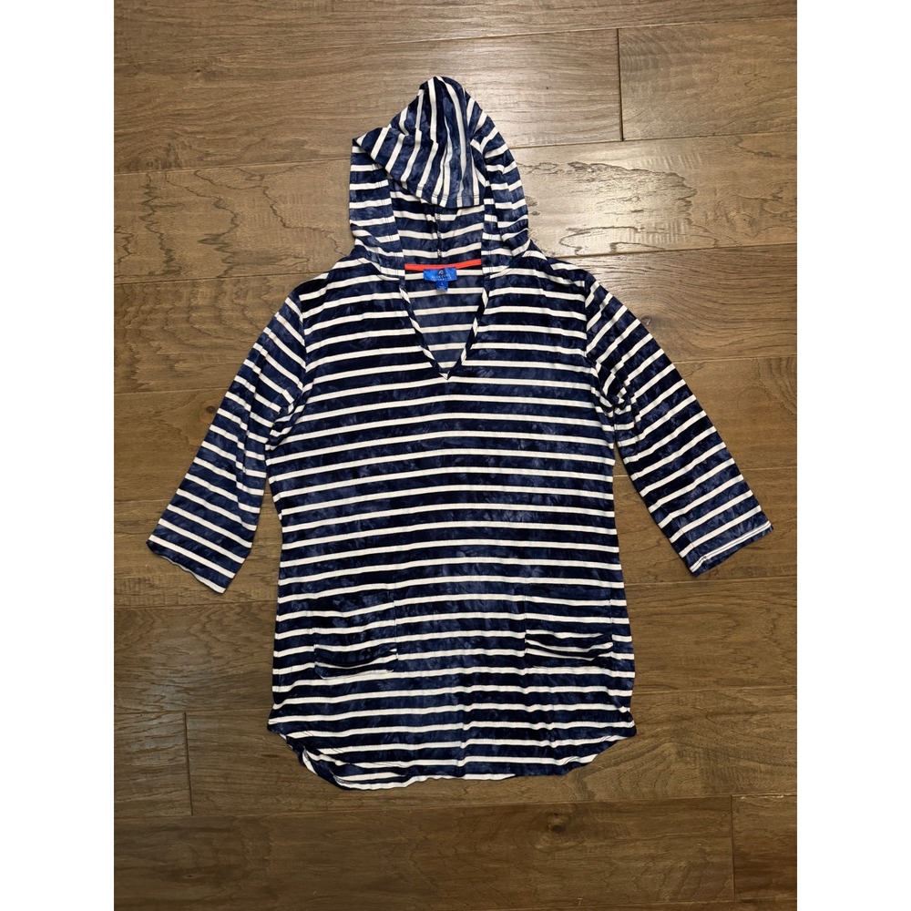 Blue Curl Beachwear Women L Navy White Striped Tie Dye Hooded Swim Cover Up